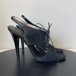 Yves Saint Laurent Black Leather Lace Up Slingback Stiletto Heels EU 40 US 9.5